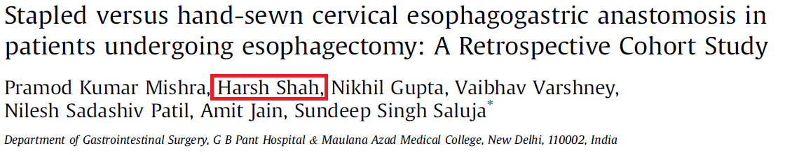 Published article by Dr Harsh Shah for Esophagus