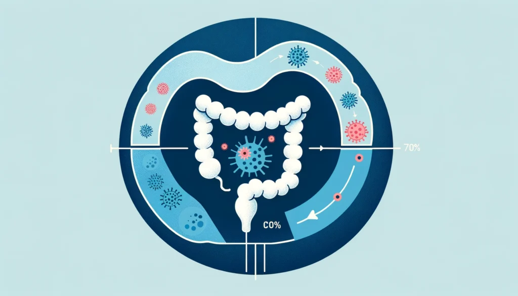 DALL·E 2024 05 24 07.36.33 A simple image depicting colorectal cancer and immunotherapy. The background should be 70 in a single color preferably a calm blue. The central obje
