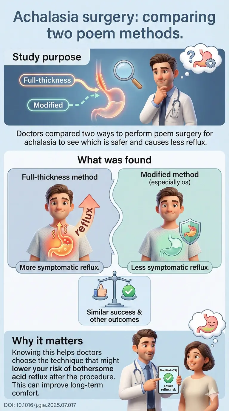 Comparison of the safety, efficacy, and rates of gastroesophageal reflux disease between full-thickness versus modified peroral endoscopic myotomy DOI 10.1016j.gie.2025.07.0