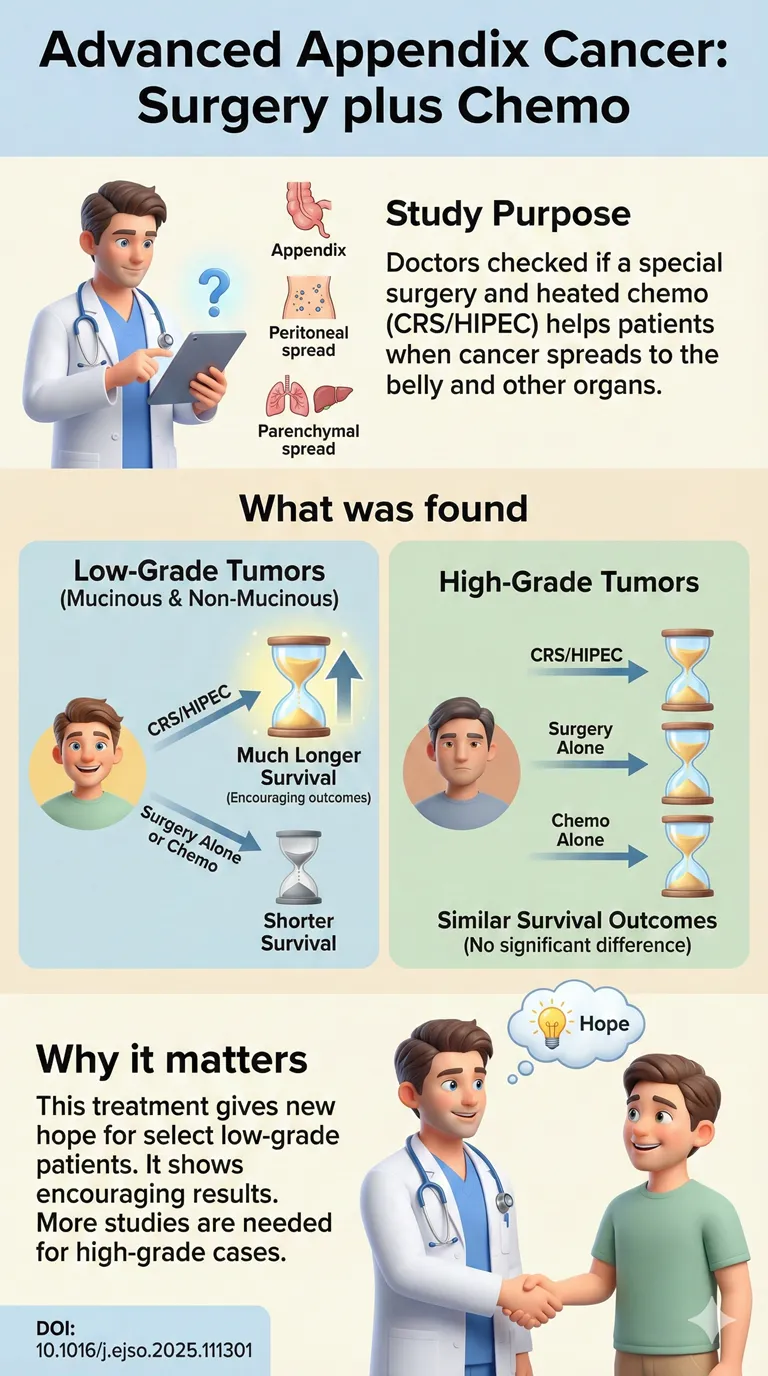 Cytoreductive surgery and hyperthermic intraperitoneal chemotherapy for appendiceal carcinoma with peritoneal and parenchymal metastases.DOI 10.1016j.ejso.2025.111301