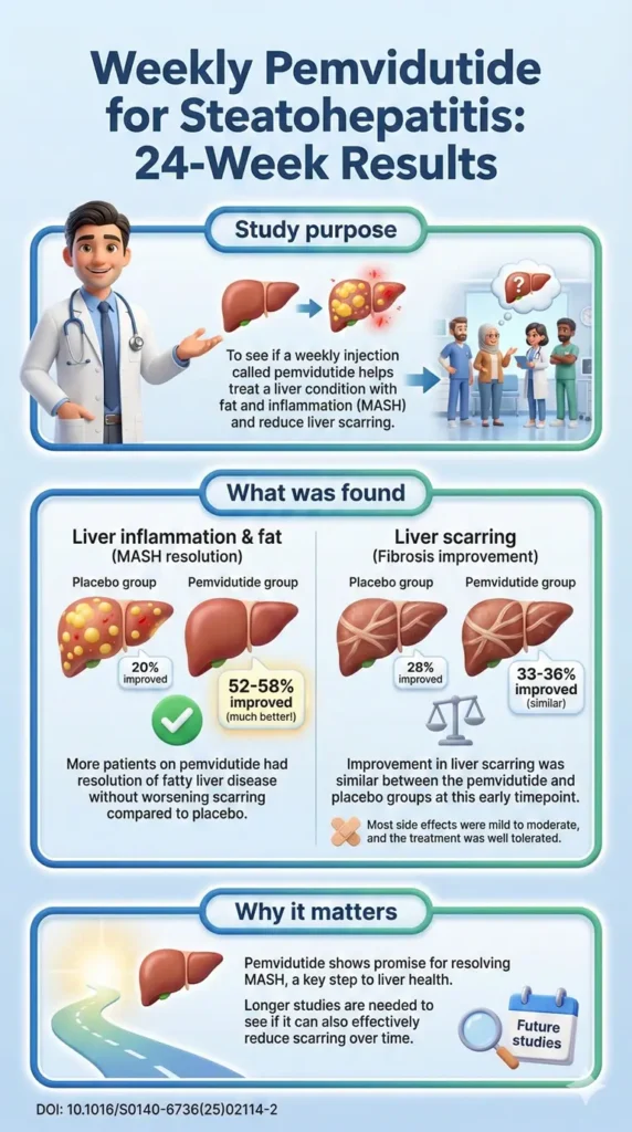 Safety and efficacy of weekly pemvidutide versus placebo for metabolic dysfunction-associated steatohepatitis (IMPACT) 24-week results DOI 10.1016S0140-6736(25)02114-2