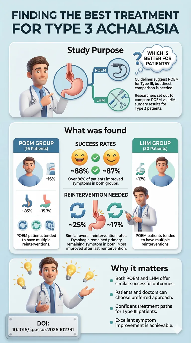 Per oral endoscopic myotomy and laparoscopic Heller myotomy show similar outcomes in type III achalasia.DOI 10.1016j.gassur.2026.102331