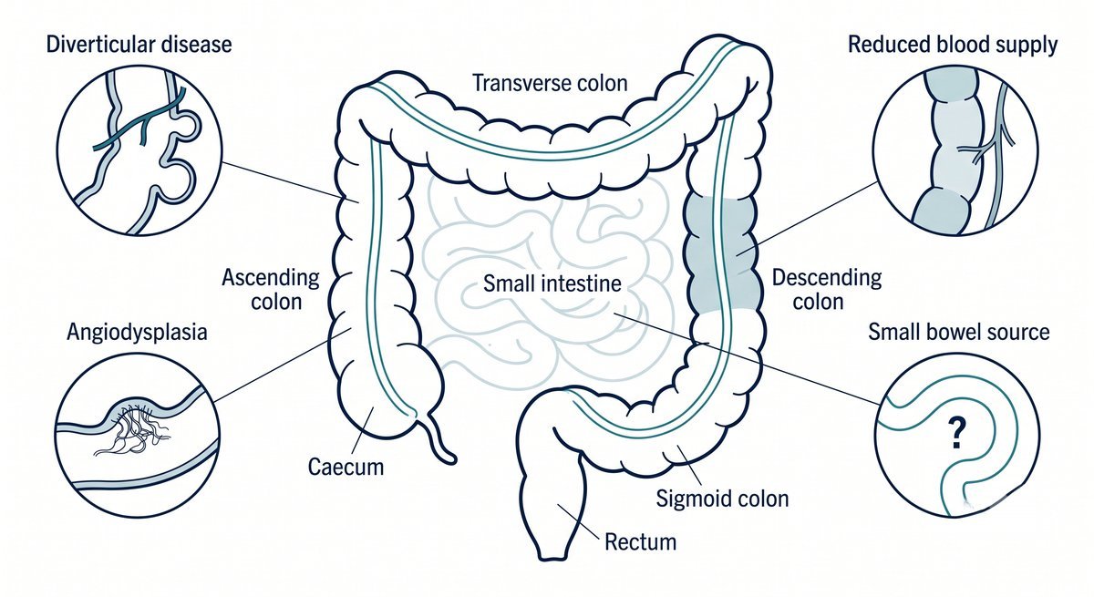 Diagram of the large bowel showing four sources of bleeding: diverticular disease, angiodysplasia, reduced blood supply and a small bowel source.