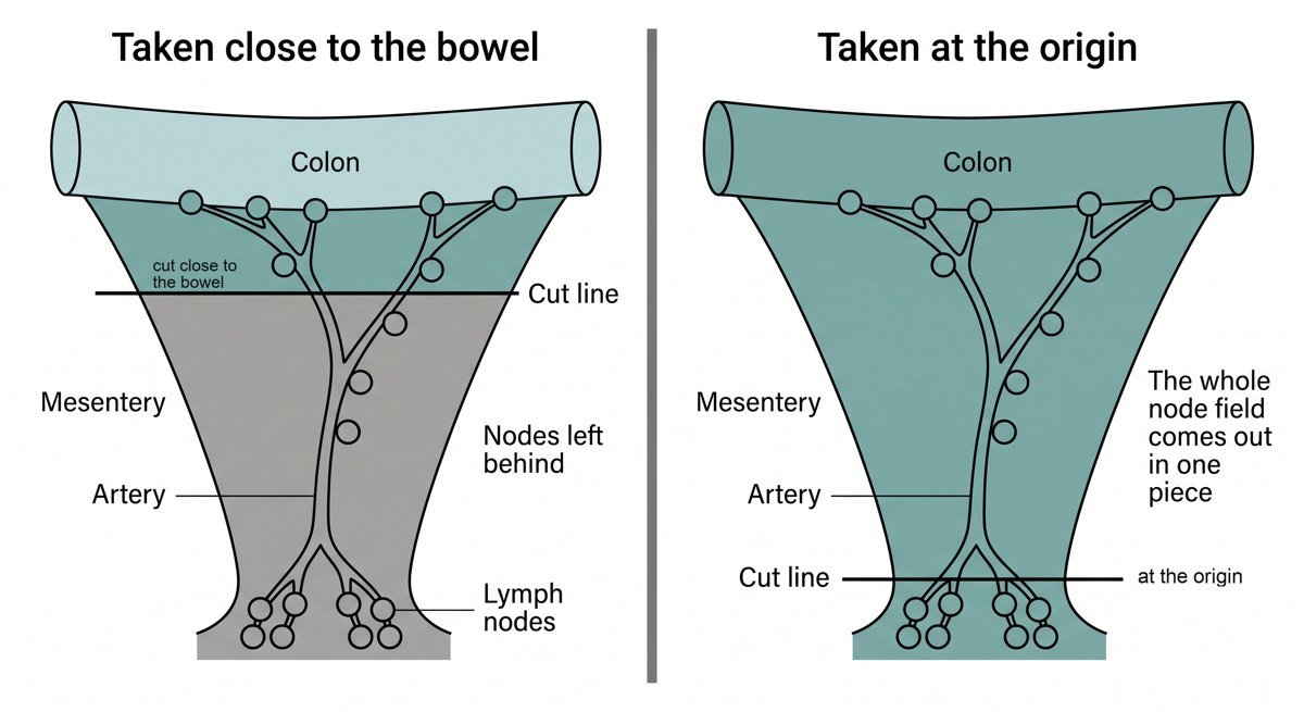 Two diagrams of the colon and its mesentery: on the left the cut is close to the bowel and lymph nodes are left behind; on the right the cut is at the artery's origin and the whole node field is removed in one piece.